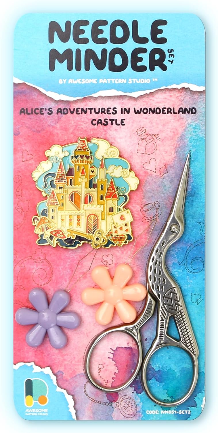 Awesome Pattern Studio Needle Minder Set - Alice's Adventures in Wonderland Castle Magnetic Needle Minder + 2 Needle Threaders + Crane Scissors. Enamel Pin for Cross Stitch, Embroidery and Craft - Image 1